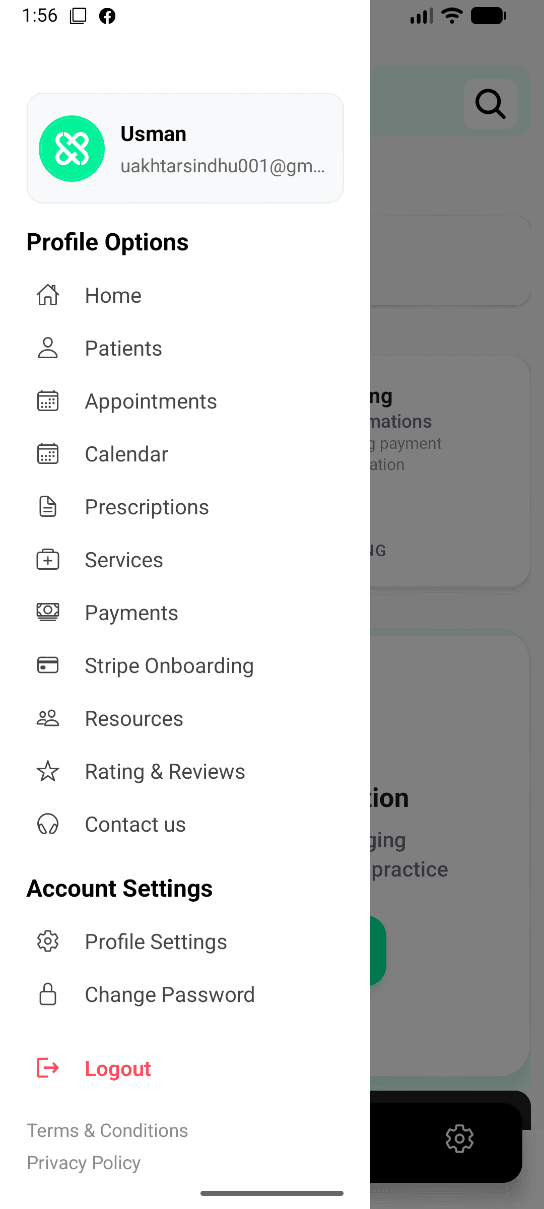 Settings screen with delete profile option